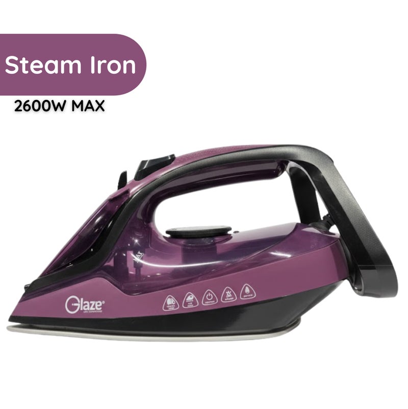 جليز مكواة بخار بقوة 2600 واط، قاعدة سيراميك، خاصية تعزيز البخار القوي، تحكم قابل للتعديل في درجة الحرارة، مانعة للتنقيط، مانعة لتراكم الكلس، إيقاف تشغيل تلقائي، مكواة ملابس سريعة التسخين - بنفسجي - Image 1